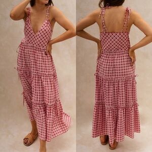 Baiia Viviana Multiway Dress - Brigitte Gingham Check Tiered Midi Red Pink White